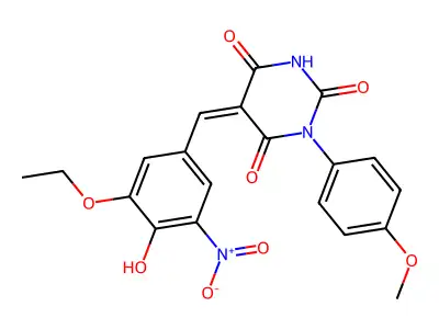 (5Z)-5-(3-ethoxy-4-hydroxy-5-nitrobenzylidene)-1-(4-methoxyphenyl)pyrimidine-2,4,6(1H,3H,5H)-trione structure