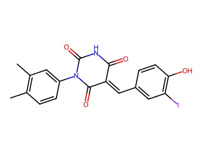 (5E)-1-(3,4-dimethylphenyl)-5-(4-hydroxy-3-iodobenzylidene)pyrimidine-2,4,6(1H,3H,5H)-trione structure