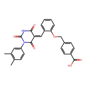 4-[(2-{(E)-[1-(3,4-dimethylphenyl)-2,4,6-trioxotetrahydropyrimidin-5(2H)-ylidene]methyl}phenoxy)methyl]benzoic acid structure