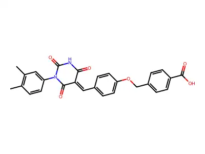 4-[(4-{(E)-[1-(3,4-dimethylphenyl)-2,4,6-trioxotetrahydropyrimidin-5(2H)-ylidene]methyl}phenoxy)methyl]benzoic acid structure