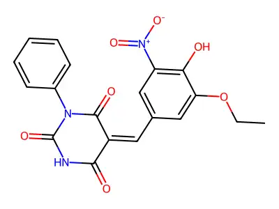 (5Z)-5-(3-ethoxy-4-hydroxy-5-nitrobenzylidene)-1-phenylpyrimidine-2,4,6(1H,3H,5H)-trione structure