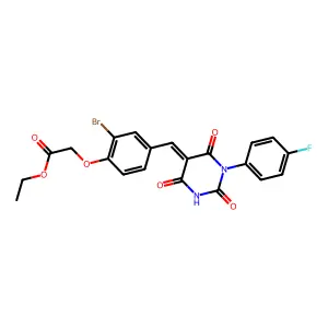 ethyl (2-bromo-4-{(E)-[1-(4-fluorophenyl)-2,4,6-trioxotetrahydropyrimidin-5(2H)-ylidene]methyl}phenoxy)acetate structure