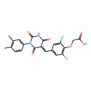 (2,6-dichloro-4-{(E)-[1-(3,4-dimethylphenyl)-2,4,6-trioxotetrahydropyrimidin-5(2H)-ylidene]methyl}phenoxy)acetic acid structure