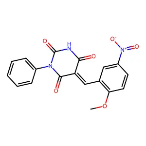 (5Z)-5-(2-methoxy-5-nitrobenzylidene)-1-phenylpyrimidine-2,4,6(1H,3H,5H)-trione structure