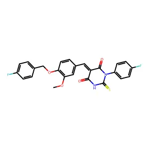 (5E)-1-(4-fluorophenyl)-5-[[4-[(4-fluorophenyl)methoxy]-3-methoxyphenyl]methylidene]-2-sulfanylidene-1,3-diazinane-4,6-dione structure