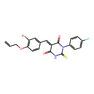 (5E)-5-[(3-bromo-4-prop-2-enoxyphenyl)methylidene]-1-(4-fluorophenyl)-2-sulfanylidene-1,3-diazinane-4,6-dione structure