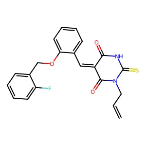 (5Z)-5-[[2-[(2-fluorophenyl)methoxy]phenyl]methylidene]-1-prop-2-enyl-2-sulfanylidene-1,3-diazinane-4,6-dione structure