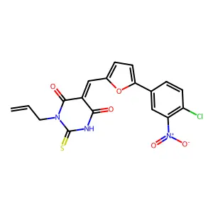 (5Z)-5-[[5-(4-chloro-3-nitrophenyl)furan-2-yl]methylidene]-1-prop-2-enyl-2-sulfanylidene-1,3-diazinane-4,6-dione structure