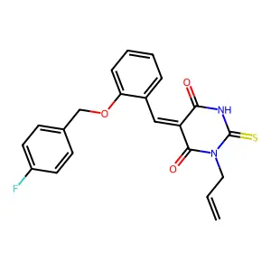 (5Z)-5-[[2-[(4-fluorophenyl)methoxy]phenyl]methylidene]-1-prop-2-enyl-2-sulfanylidene-1,3-diazinane-4,6-dione structure