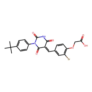 (2-bromo-4-{(E)-[1-(4-tert-butylphenyl)-2,4,6-trioxotetrahydropyrimidin-5(2H)-ylidene]methyl}phenoxy)acetic acid structure