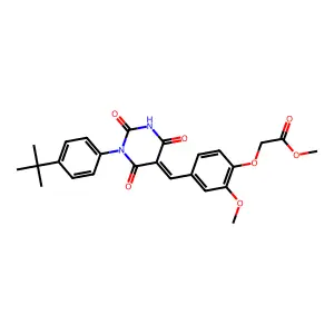 methyl (4-{(E)-[1-(4-tert-butylphenyl)-2,4,6-trioxotetrahydropyrimidin-5(2H)-ylidene]methyl}-2-methoxyphenoxy)acetate structure