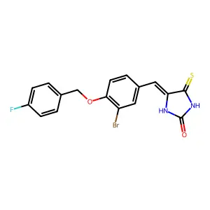 (4Z)-4-[[3-bromo-4-[(4-fluorophenyl)methoxy]phenyl]methylidene]-5-sulfanylideneimidazolidin-2-one structure