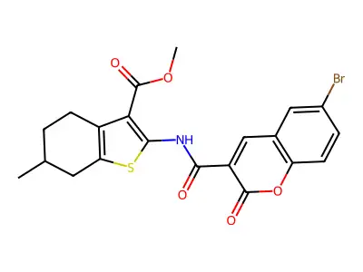 methyl 2-{[(6-bromo-2-oxo-2H-chromen-3-yl)carbonyl]amino}-6-methyl-4,5,6,7-tetrahydro-1-benzothiophene-3-carboxylate structure