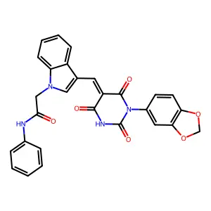 2-[3-[(Z)-[1-(1,3-benzodioxol-5-yl)-2,4,6-trioxo-1,3-diazinan-5-ylidene]methyl]indol-1-yl]-N-phenylacetamide structure
