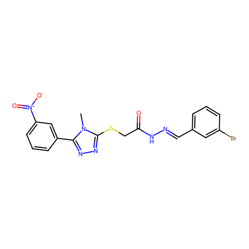 (E)-N'-(3-bromobenzylidene)-2-((4-methyl-5-(3-nitrophenyl)-4H-1,2,4-triazol-3-yl)thio)acetohydrazide structure