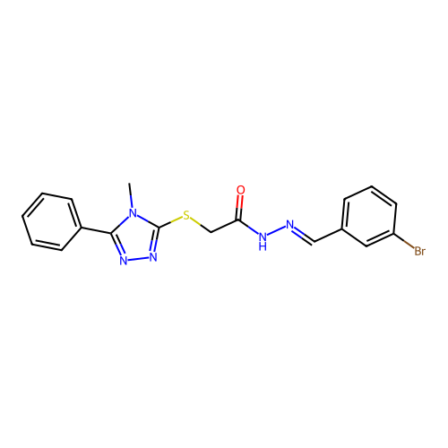 (E)-N'-(3-bromobenzylidene)-2-((4-methyl-5-phenyl-4H-1,2,4-triazol-3-yl)thio)acetohydrazide structure