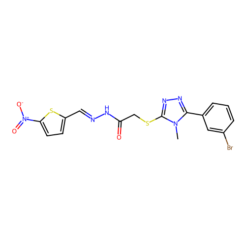 (E)-2-((5-(3-bromophenyl)-4-methyl-4H-1,2,4-triazol-3-yl)thio)-N'-((5-nitrothiophen-2-yl)methylene)acetohydrazide structure