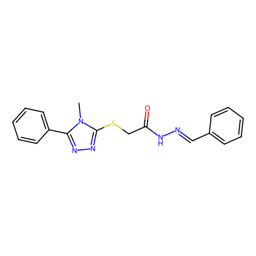 (E)-N'-benzylidene-2-((4-methyl-5-phenyl-4H-1,2,4-triazol-3-yl)thio)acetohydrazide structure