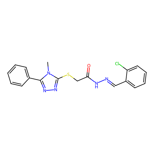 (E)-N'-(2-chlorobenzylidene)-2-((4-methyl-5-phenyl-4H-1,2,4-triazol-3-yl)thio)acetohydrazide structure