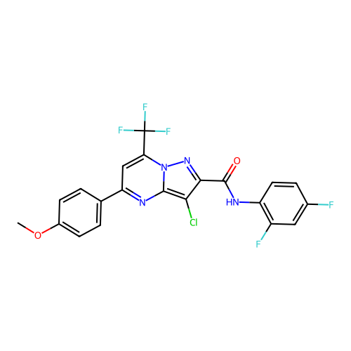 3-chloro-N-(2,4-difluorophenyl)-5-(4-methoxyphenyl)-7-(trifluoromethyl)pyrazolo[1,5-a]pyrimidine-2-carboxamide structure