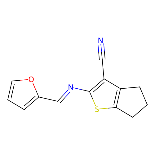 (E)-2-((furan-2-ylmethylene)amino)-5,6-dihydro-4H-cyclopenta[b]thiophene-3-carbonitrile structure