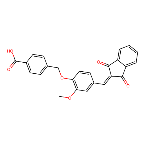 4-({4-[(1,3-dioxo-1,3-dihydro-2H-inden-2-ylidene)methyl]-2-methoxyphenoxy}methyl)benzoic acid structure