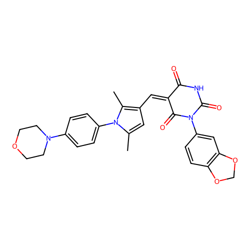 (5Z)-1-(1,3-benzodioxol-5-yl)-5-[[2,5-dimethyl-1-(4-morpholin-4-ylphenyl)pyrrol-3-yl]methylidene]-1,3-diazinane-2,4,6-trione structure