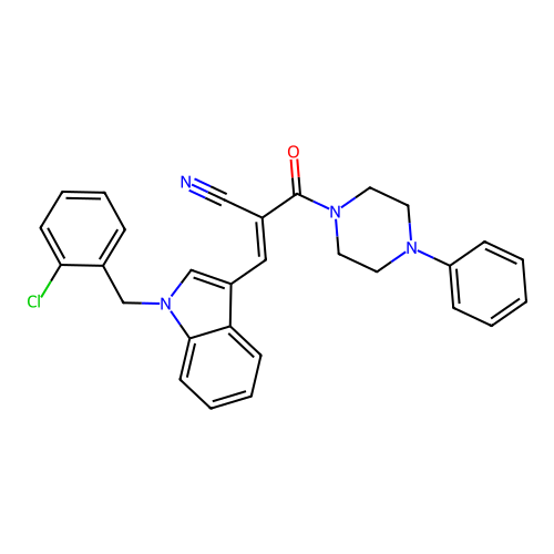 (2E)-3-[1-(2-chlorobenzyl)-1H-indol-3-yl]-2-[(4-phenylpiperazin-1-yl)carbonyl]prop-2-enenitrile structure