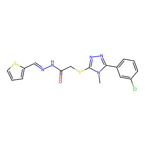 (E)-2-((5-(3-chlorophenyl)-4-methyl-4H-1,2,4-triazol-3-yl)thio)-N'-(thiophen-2-ylmethylene)acetohydrazide structure