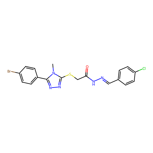 (E)-2-((5-(4-bromophenyl)-4-methyl-4H-1,2,4-triazol-3-yl)thio)-N'-(4-chlorobenzylidene)acetohydrazide structure