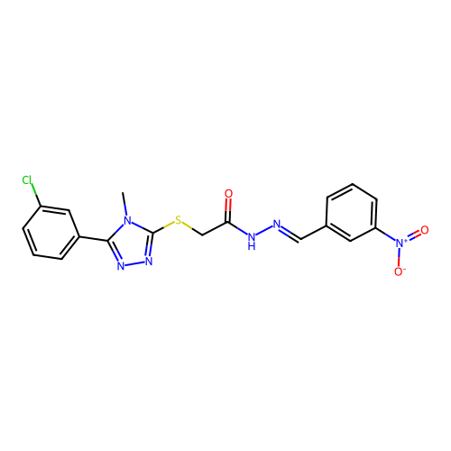(E)-2-((5-(3-chlorophenyl)-4-methyl-4H-1,2,4-triazol-3-yl)thio)-N'-(3-nitrobenzylidene)acetohydrazide structure