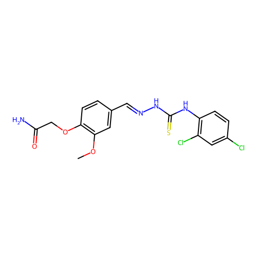 2-[4-[[(2,4-dichlorophenyl)thiocarbamoylhydrazinylidene]methyl]-2-methoxy-phenoxy]acetamide structure