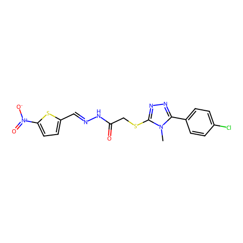 2-((5-(4-chlorophenyl)-4-methyl-4H-1,2,4-triazol-3-yl)thio)-N'-((5-nitrothiophen-2-yl)methylene)acetohydrazide structure