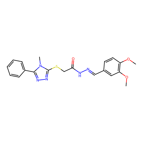 (E)-N'-(3,4-dimethoxybenzylidene)-2-((4-methyl-5-phenyl-4H-1,2,4-triazol-3-yl)thio)acetohydrazide structure