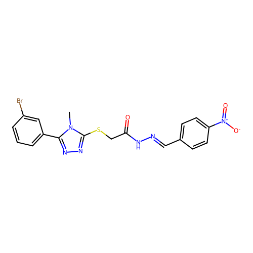 (E)-2-((5-(3-bromophenyl)-4-methyl-4H-1,2,4-triazol-3-yl)thio)-N'-(4-nitrobenzylidene)acetohydrazide structure