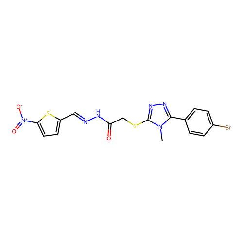 (E)-2-((5-(4-bromophenyl)-4-methyl-4H-1,2,4-triazol-3-yl)thio)-N'-((5-nitrothiophen-2-yl)methylene)acetohydrazide structure