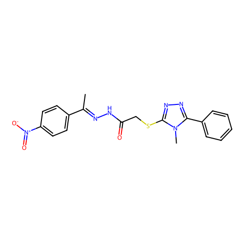 (E)-2-((4-methyl-5-phenyl-4H-1,2,4-triazol-3-yl)thio)-N'-(1-(4-nitrophenyl)ethylidene)acetohydrazide structure