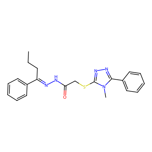 (E)-2-((4-methyl-5-phenyl-4H-1,2,4-triazol-3-yl)thio)-N'-(1-phenylbutylidene)acetohydrazide structure