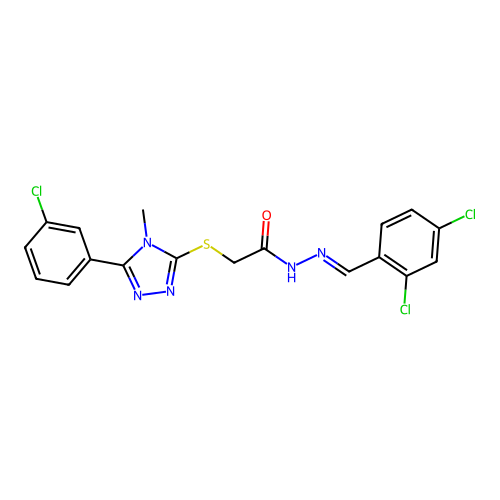 (E)-2-((5-(3-chlorophenyl)-4-methyl-4H-1,2,4-triazol-3-yl)thio)-N'-(2,4-dichlorobenzylidene)acetohydrazide structure