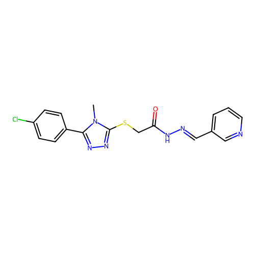 (E)-2-((5-(4-chlorophenyl)-4-methyl-4H-1,2,4-triazol-3-yl)thio)-N'-(pyridin-3-ylmethylene)acetohydrazide structure
