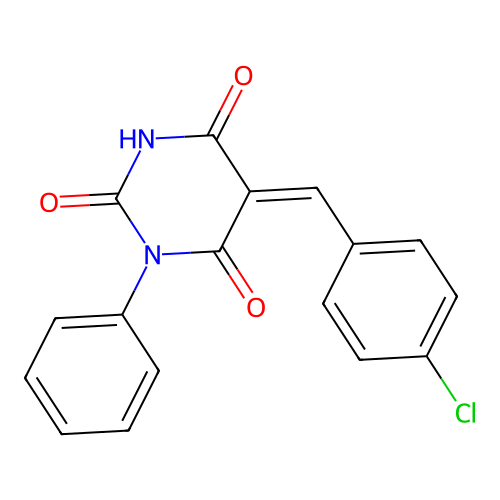 (5Z)-5-(4-chlorobenzylidene)-1-phenylpyrimidine-2,4,6(1H,3H,5H)-trione structure