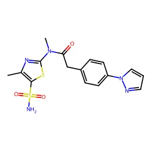 N-methyl-N-(4-methyl-5-sulfamoyl-thiazol-2-yl)-2-(4-pyrazol-1-ylphenyl)acetamide structure