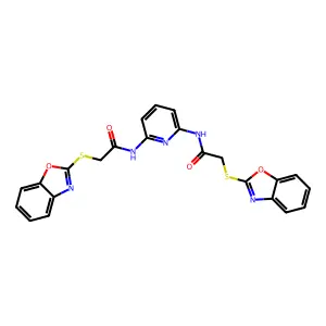 2-(1,3-benzoxazol-2-ylsulfanyl)-N-[6-[[2-(1,3-benzoxazol-2-ylsulfanyl)acetyl]amino]pyridin-2-yl]acetamide structure