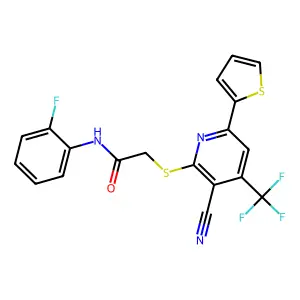 2-((3-Cyano-6-(2-thienyl)-4-(tri-F-ME)-2-pyridinyl)thio)-N-(2-F-PH)acetamide structure
