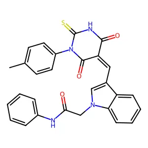 2-(3-{(Z)-[1-(4-methylphenyl)-4,6-dioxo-2-thioxotetrahydropyrimidin-5(2H)-ylidene]methyl}-1H-indol-1-yl)-N-phenylacetamide structure