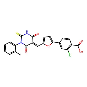 (E)-2-chloro-4-(5-((4,6-dioxo-2-thioxo-1-(o-tolyl)tetrahydropyrimidin-5(2H)-ylidene)methyl)furan-2-yl)benzoic acid structure