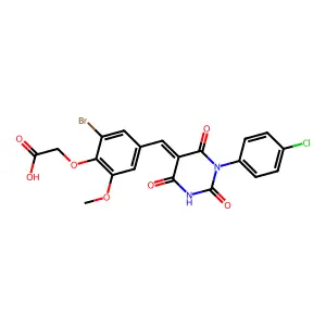 (2-bromo-4-{(E)-[1-(4-chlorophenyl)-2,4,6-trioxotetrahydropyrimidin-5(2H)-ylidene]methyl}-6-methoxyphenoxy)acetic acid structure