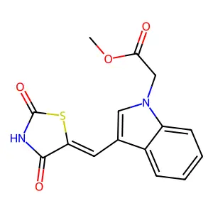 methyl 2-[3-[(E)-(2,4-dioxo-1,3-thiazolidin-5-ylidene)methyl]indol-1-yl]acetate structure
