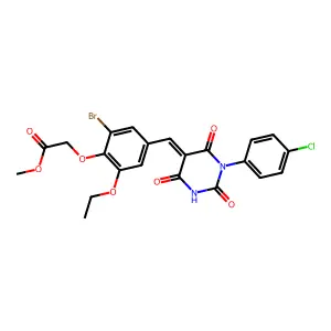 methyl (2-bromo-4-{(E)-[1-(4-chlorophenyl)-2,4,6-trioxotetrahydropyrimidin-5(2H)-ylidene]methyl}-6-ethoxyphenoxy)acetate structure