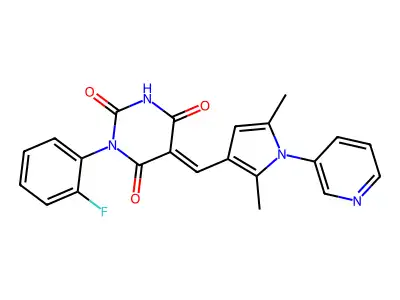 (5E)-5-[(2,5-dimethyl-1-pyridin-3-ylpyrrol-3-yl)methylidene]-1-(2-fluorophenyl)-1,3-diazinane-2,4,6-trione structure